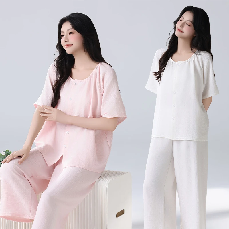 夏季新款休闲睡衣宽松套装女短袖开衫上衣九分裤两件套薄款家居服