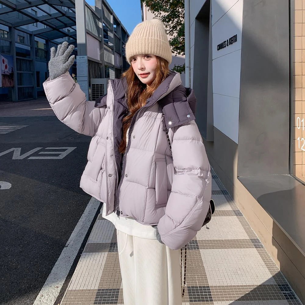 韩系chic紫色连帽羽绒服女冬超火好看高级小众短款加厚面包服外套
