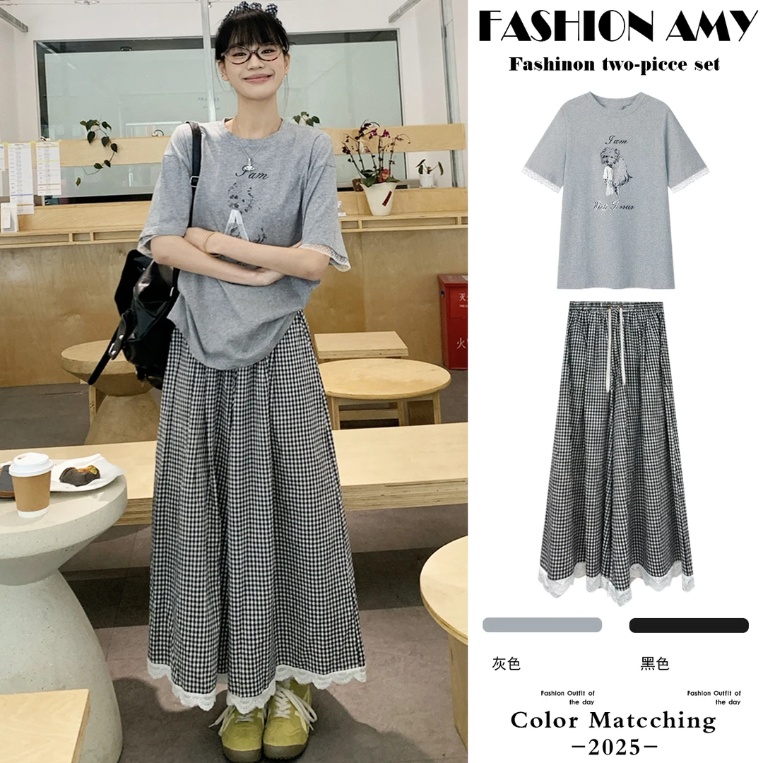 孕妇套装夏季2025新款灰色时尚百搭短袖宽松外出上衣阔腿裤两件套