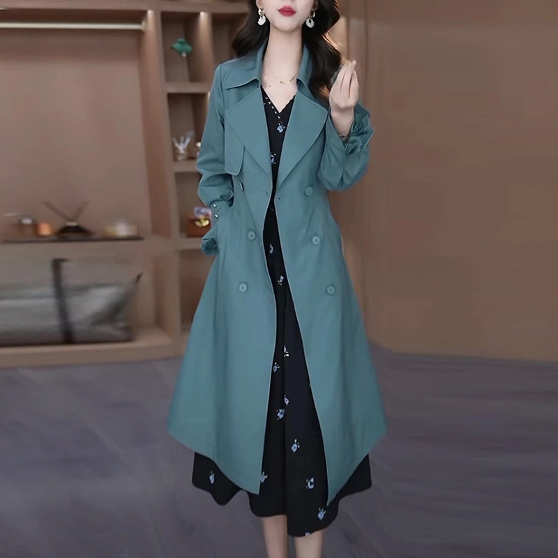 柏娅精纺时尚中长款风衣女士2025春秋新款收腰显瘦气质双排扣外套