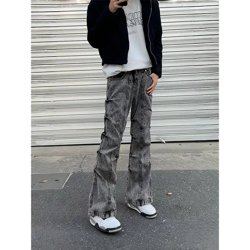褶皱弯刀牛仔裤男款秋冬季小众设计感裤子美式高街vibe修身微喇裤