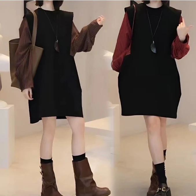 【鑫蕾】新款秋季设计感拼接假两件休闲显瘦连衣裙28273