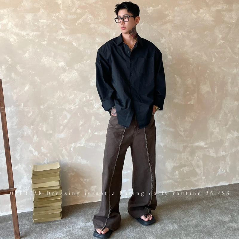 OXFREAK「立体毛须虾线」13OZ咖色牛仔裤男直筒宽松baggy垂感裤子