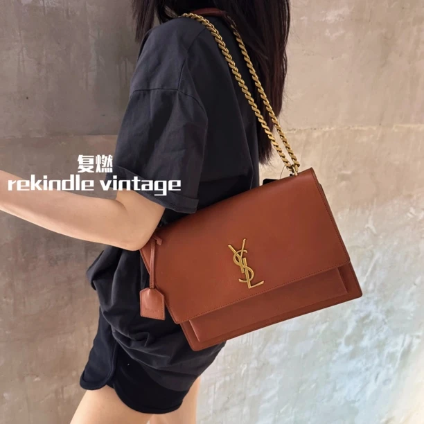 95新 YSL/圣罗兰 复燃精选/焦糖色大号日落斜挎包