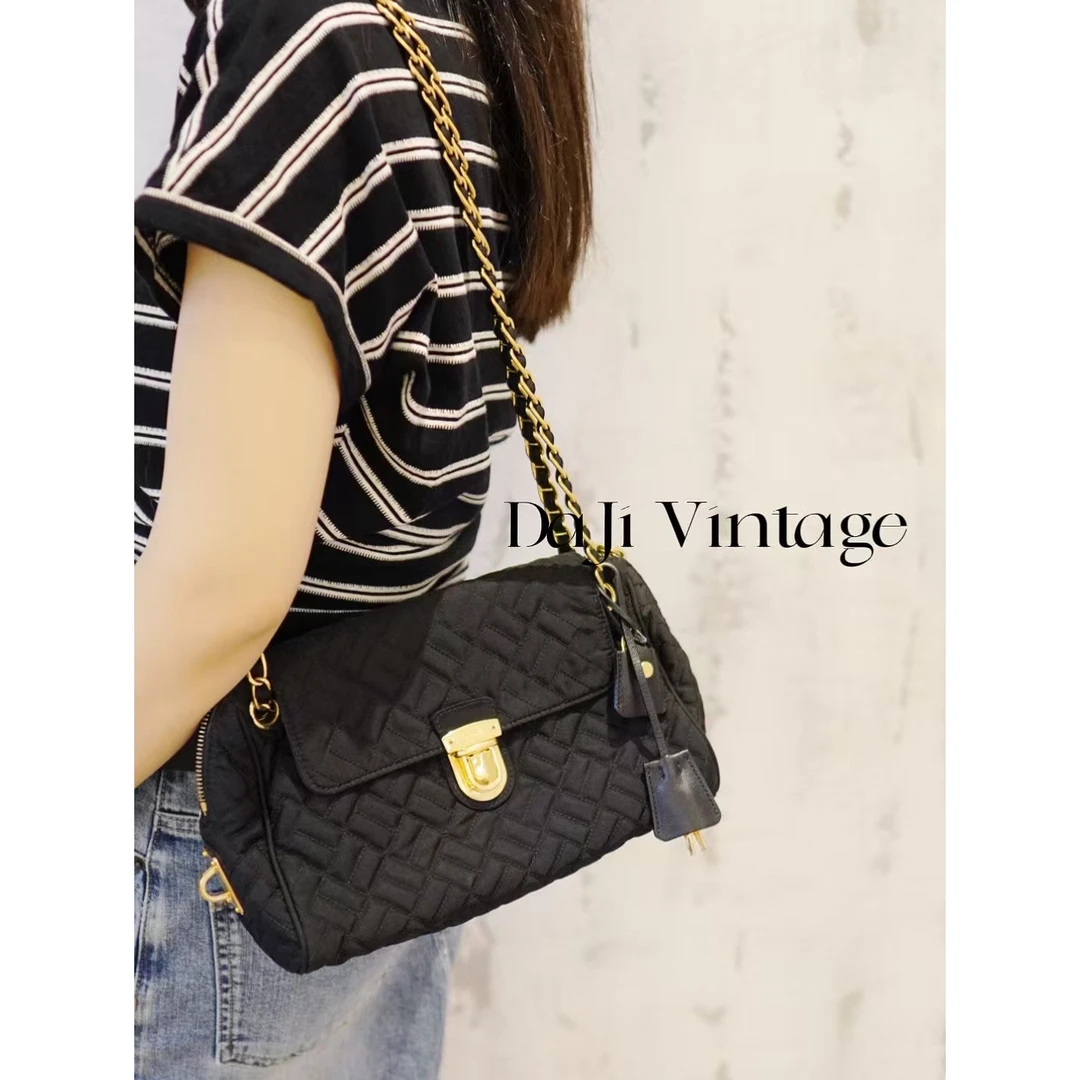 95新 Prada/普拉达 大吉中古/Prada黑金保龄球尼龙单肩包