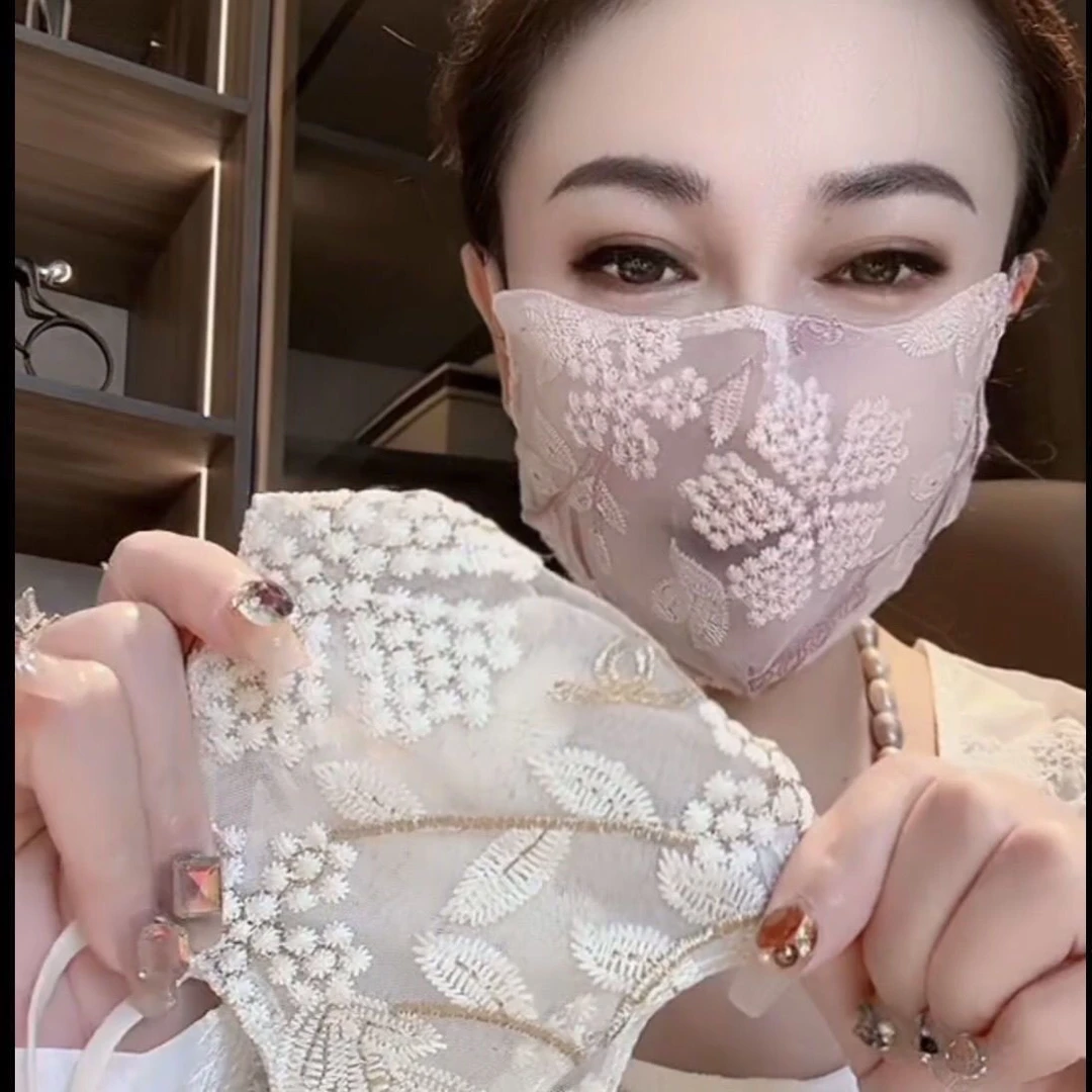 防晒网红新款水洗网纱夏季刺绣蕾丝立体薄款亲肤时尚透气口罩面罩