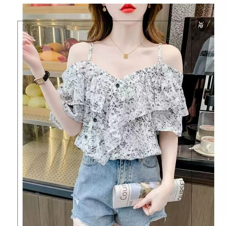 夏季新款露肩吊带衬衫女法式荷叶边拼接设计感上衣