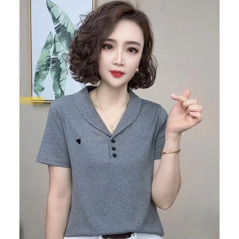 2025洋气百搭减龄女显示短袖翻驳领新款T恤女上衣#96633