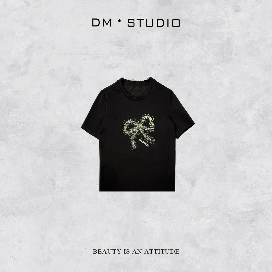 DEDM-DM•STUDIO/气质小众设计感蕾丝圆领蝴蝶结印花圆领T恤（9314）
