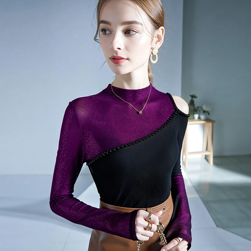 YLY#【售罄】半高领打底衫露肩秋季新款钉珠长袖T恤女DY11289H