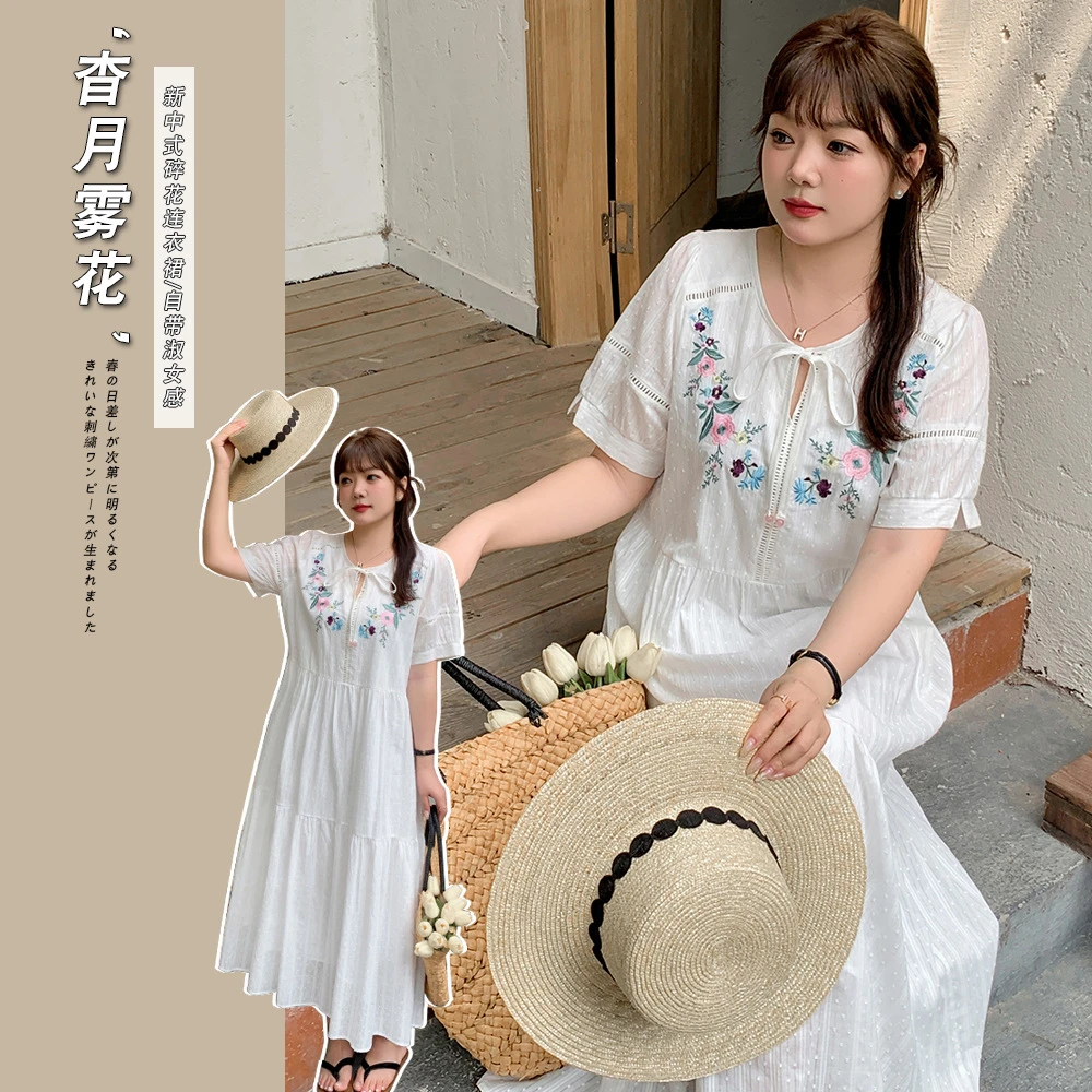 大码夏季温柔风仙女长裙碎花刺绣长款连衣裙女