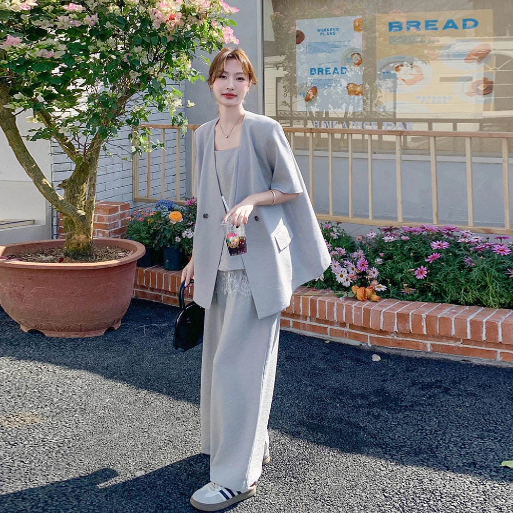 时尚洋气西装阔腿裤套装女夏新款韩系穿搭轻熟高级感老钱风三件套