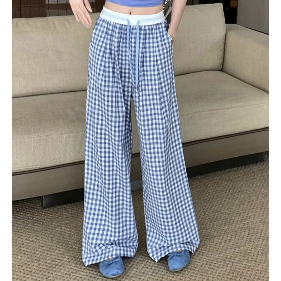 HandSeven春季上新休闲百搭宽松直筒格子裤韩版ins风小众休闲裤