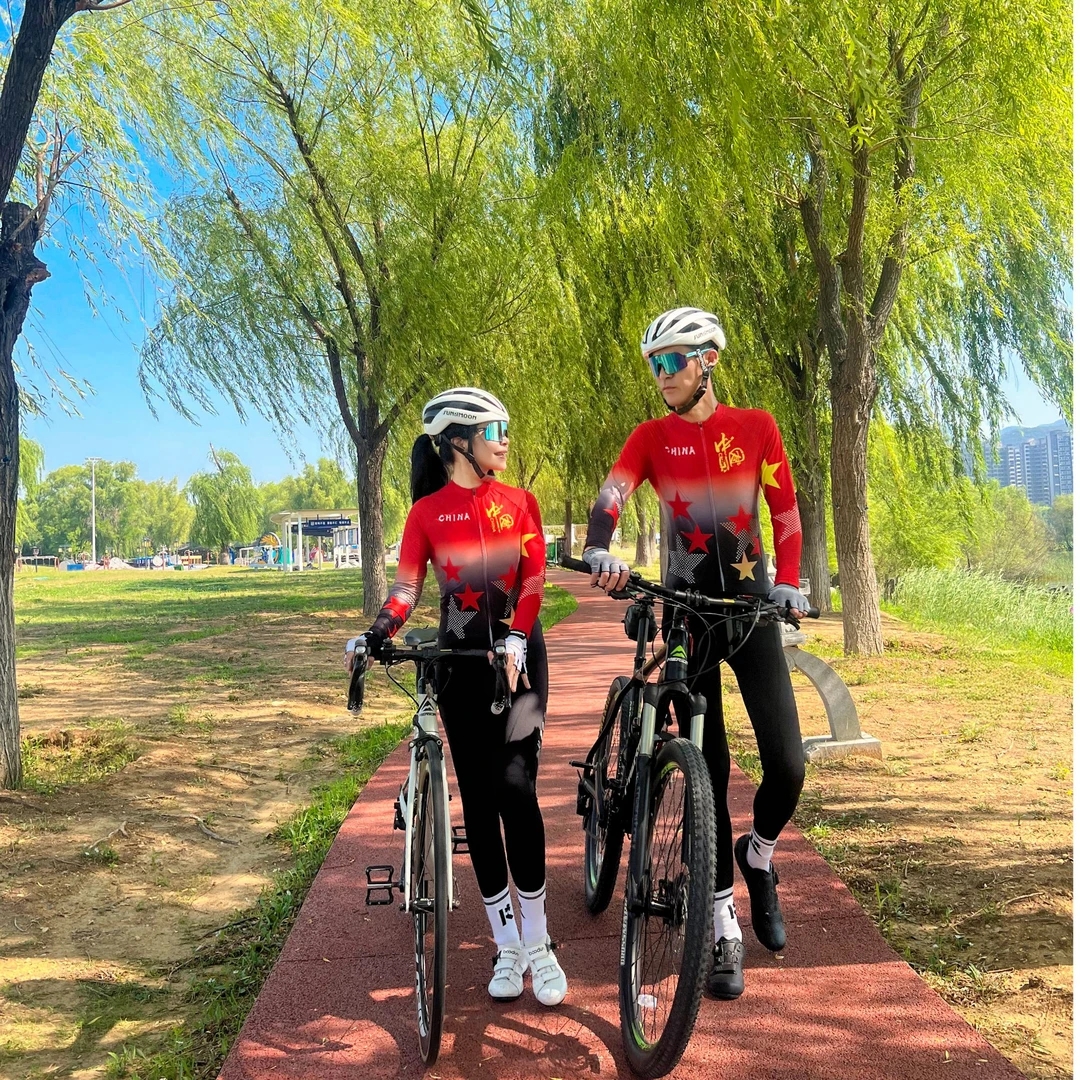 中国红加绒男女夏季款长袖骑行服骑行裤骑车防风透气公路自行车服