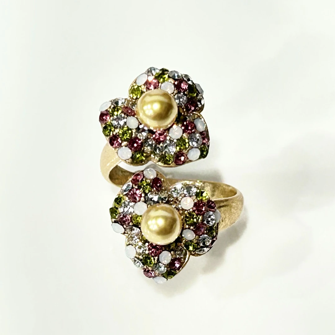 铜合金戒指 4479西洋中古风 vintage复古做旧开口彩色花朵戒指