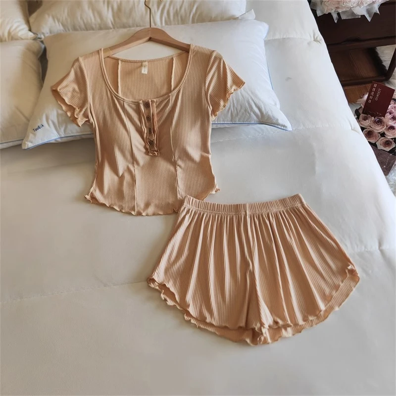 纯欲睡衣女夏季莫代尔短袖短裤薄款带胸垫网红风简约家居服两件套