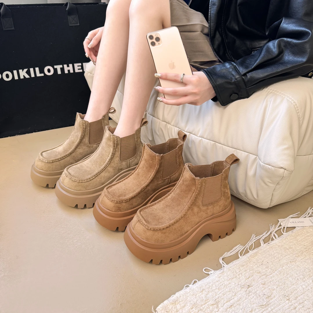 网红磨砂软皮马丁靴大头厚底短靴女2025新款复古增高短靴机车靴潮