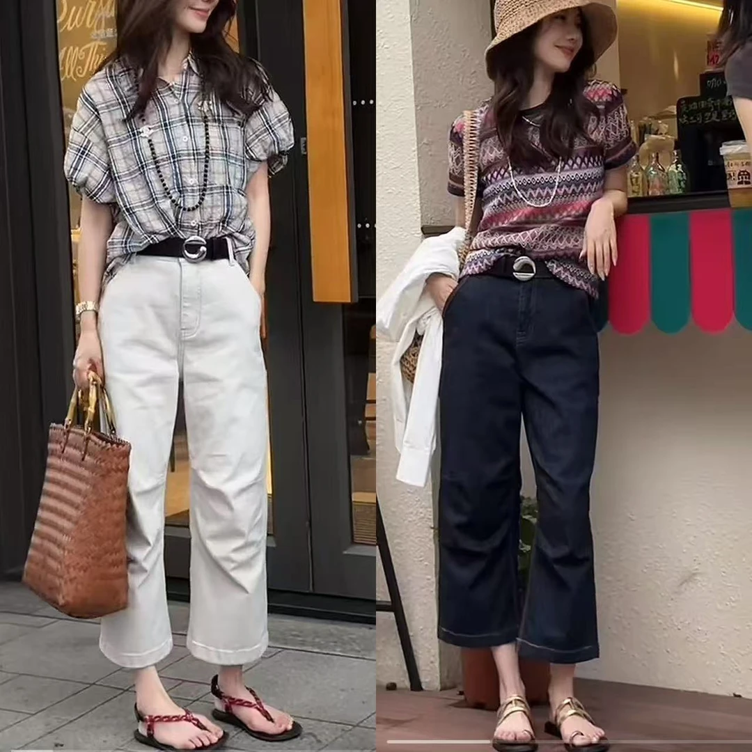 【时髦小精品】弹力自带褶皱感渣渣灰设计感直筒八分牛仔裤女高腰