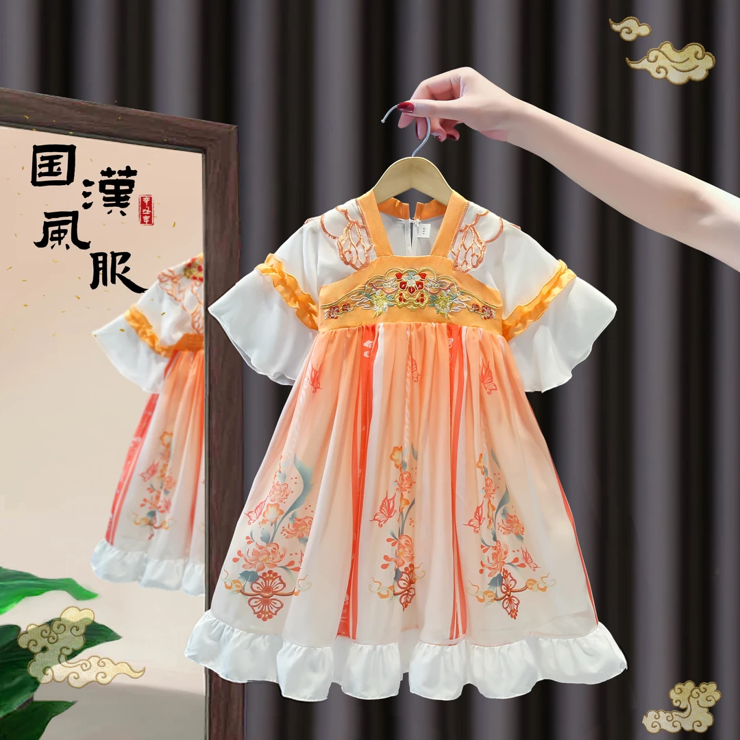 2025新款女童汉服刺绣夏季中大童女童宝宝小女孩古风连衣裙国风