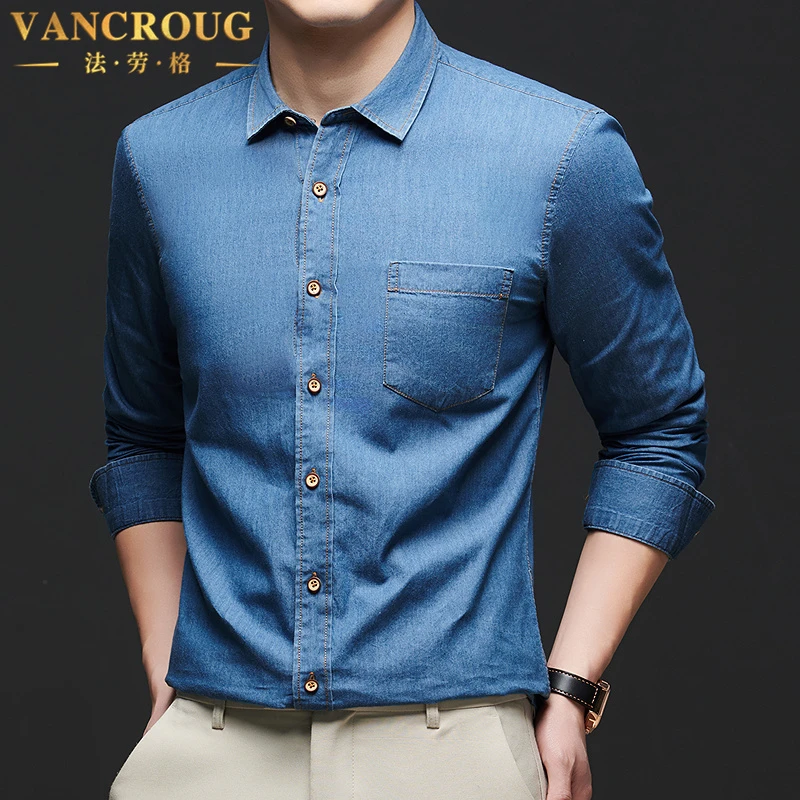VANCROUG/法劳格长袖衬衫男士春夏时尚i潮流百搭宽松休闲牛仔衬衣