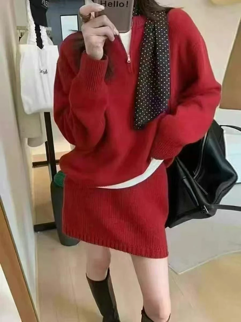 韩系新年款半拉链套装