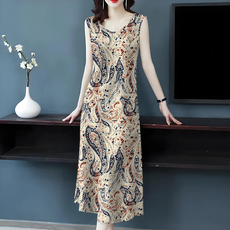 印花修身夏季吊带时尚无袖大码连衣裙新中式妈妈装气质背心长裙女