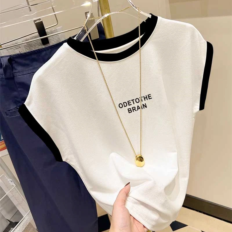 拼色飞飞袖正肩短袖t恤女小众时尚百搭洋气白色无袖上衣2025夏季