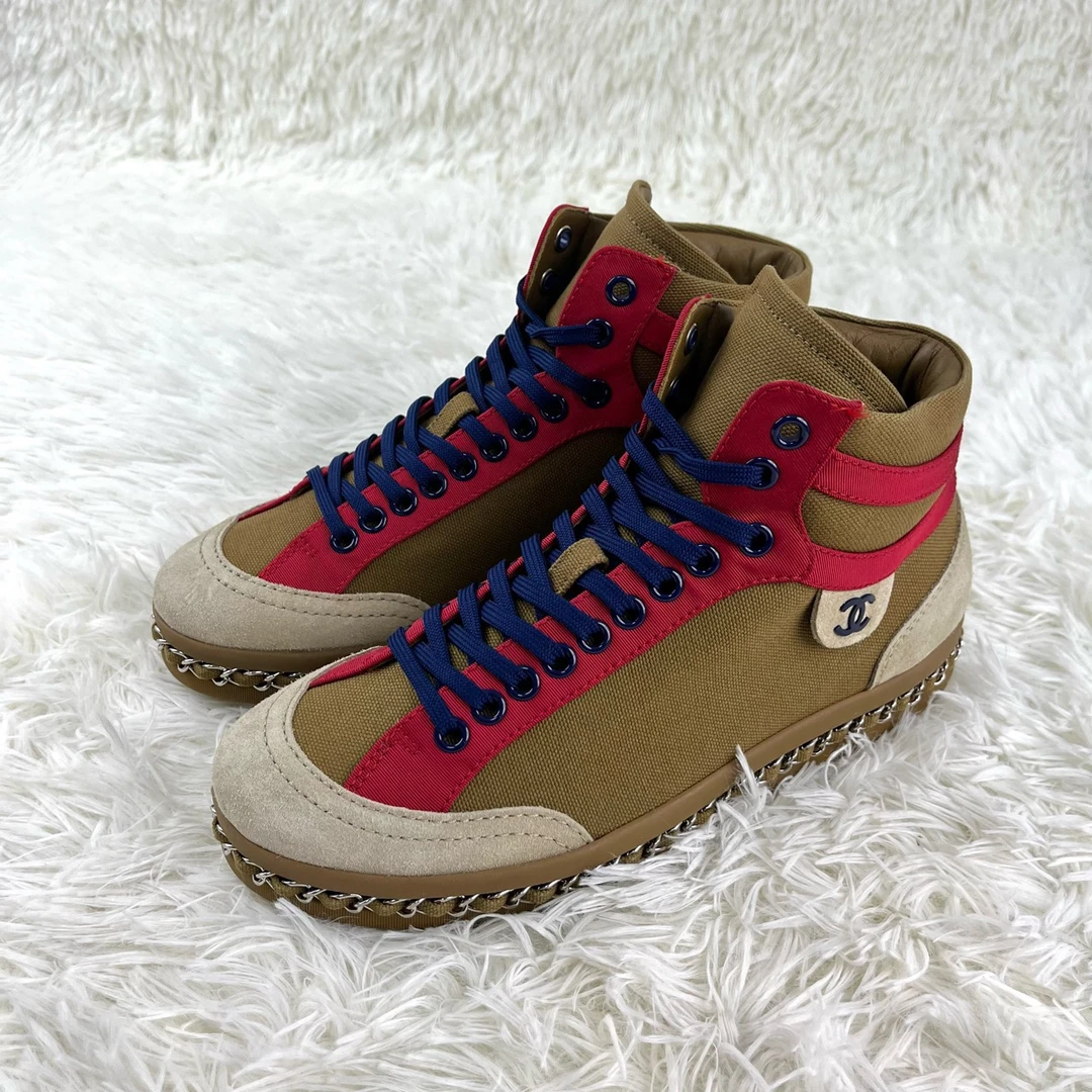 99新 Chanel/香奈儿 链条边拼色高帮休闲鞋37.5码 12455971