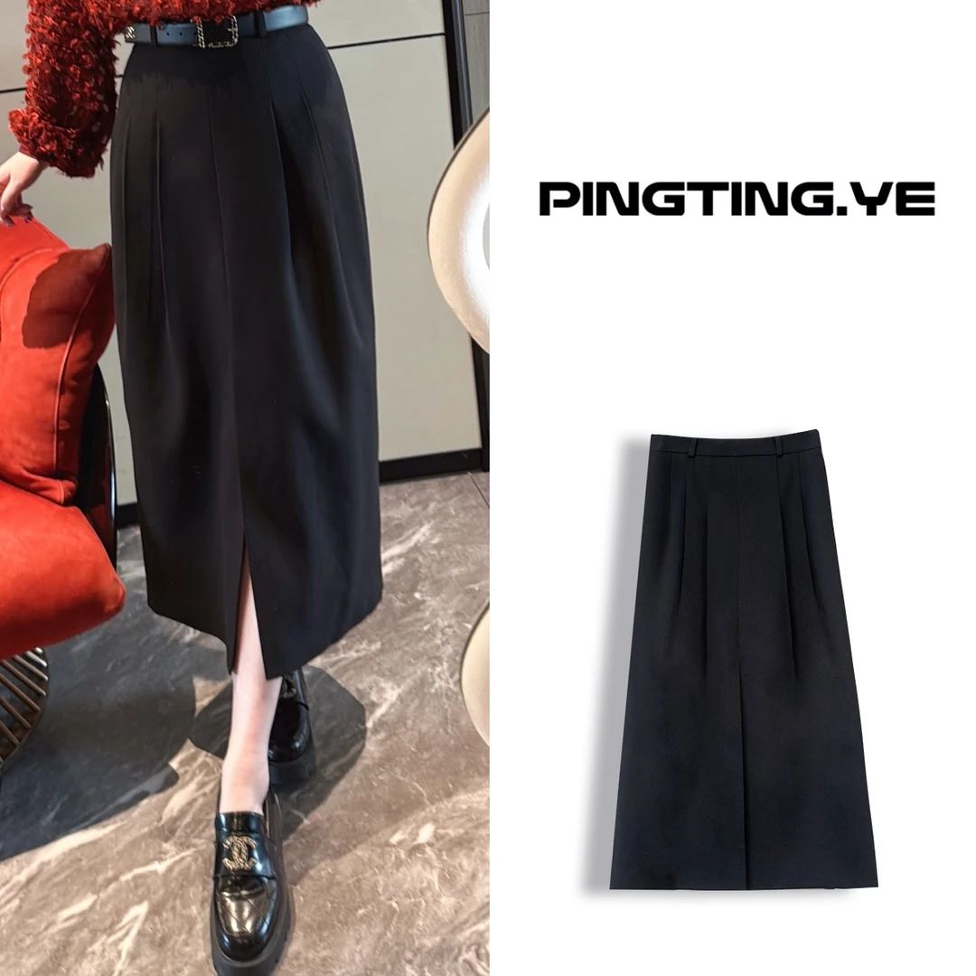 PINGTING.YE压褶开衩设计高级感休闲气质半身裙PT6368