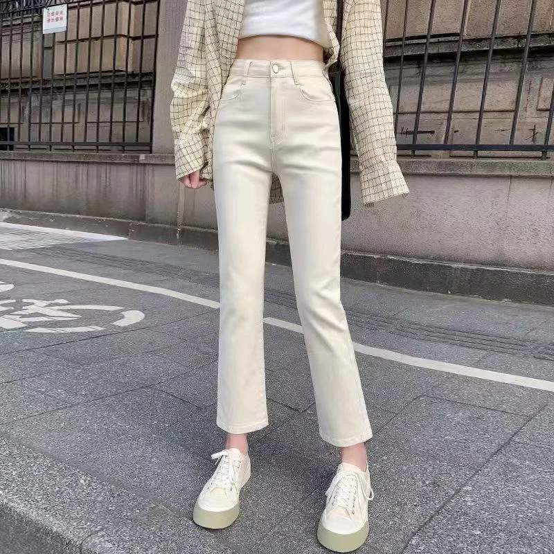 牛仔裤女2025年秋冬加绒高腰显瘦米白色百搭弹力窄版直筒烟管裤子