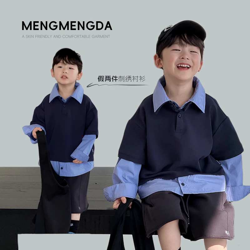 甜妈家童装  儿童春季洋气韩版假两件刺绣衬衫男女童POLO衫