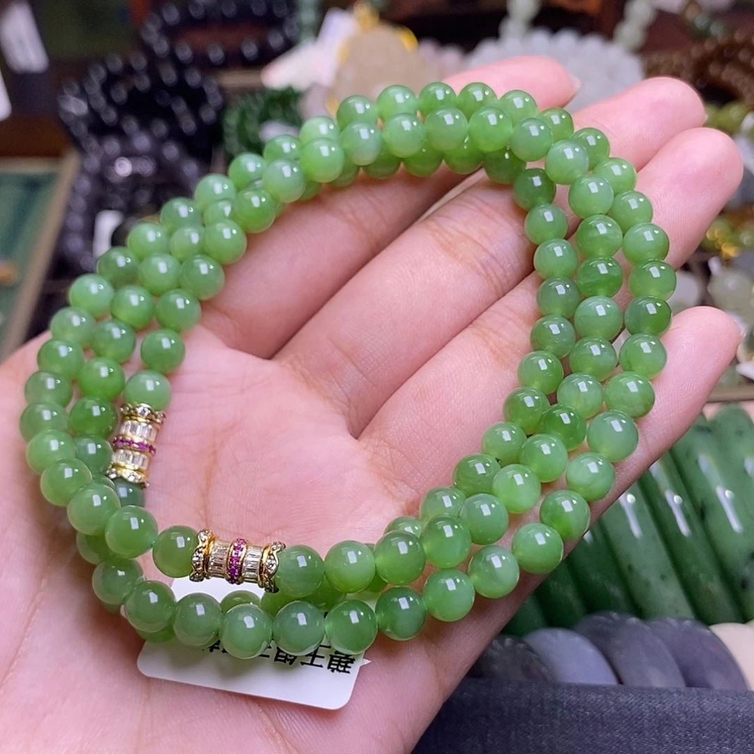 和田玉未镶嵌颈饰碧玉粉绿毛衣链6mm