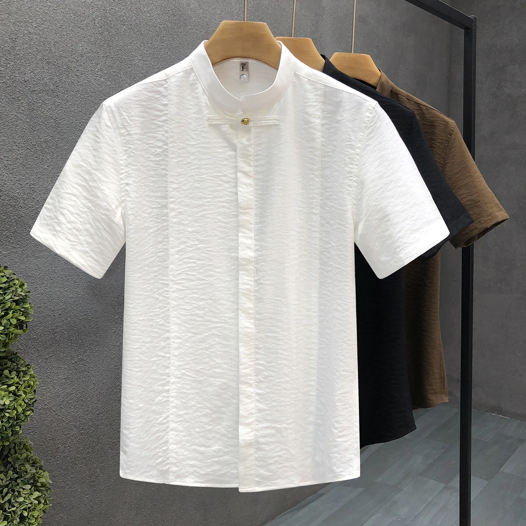中国风简约立领短袖衬衫男款休闲中山领上衣2025夏季新款男士衬衣