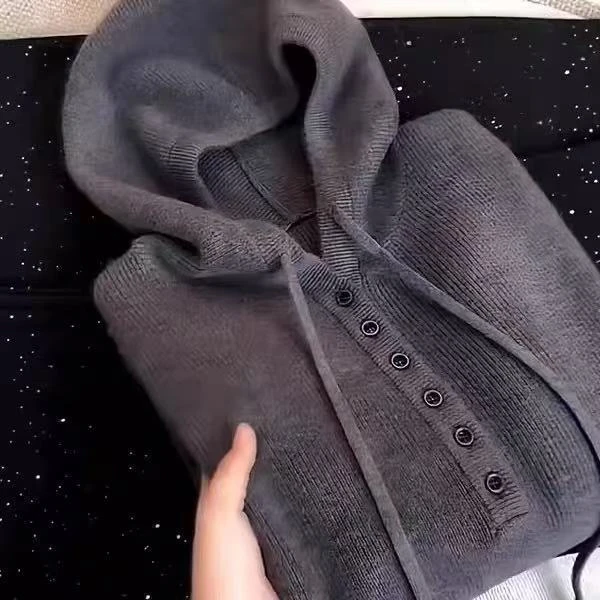 0037深灰色简约设计感连帽针织衫女秋季新款慵懒风百搭显瘦毛衣