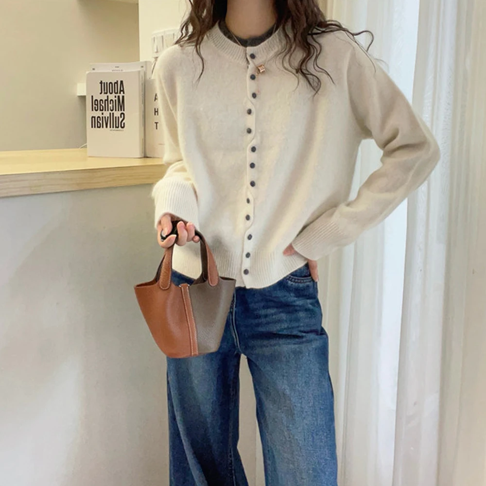 韩版宽松圆领纽扣开衫不规则休闲针织衫女冬季加厚显瘦假两件毛衣
