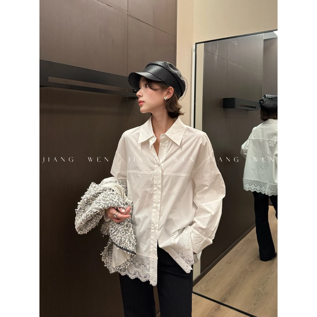[卢兹衬衫]下摆拼接蕾丝超有设计感大版宽松衬衫衬衣