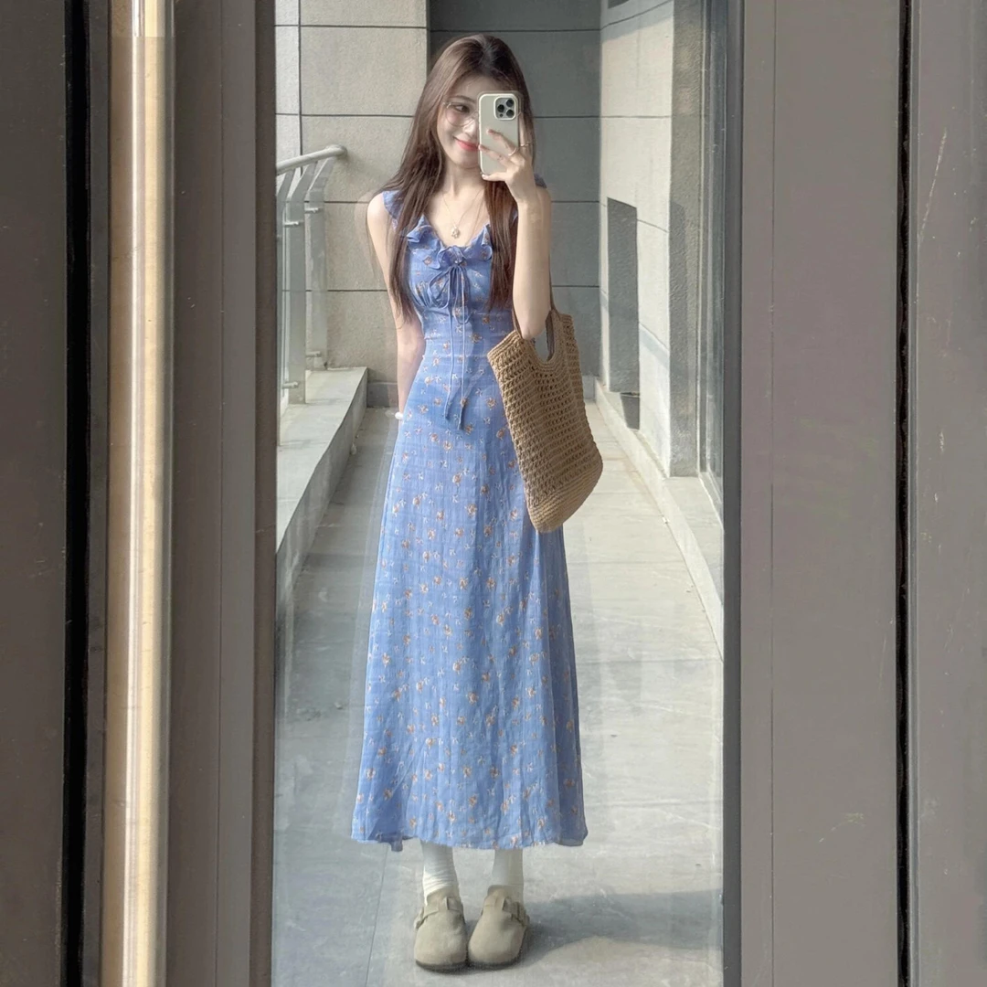 【现货+运补】蓝色碎花v领连衣裙夏季独特漂亮掐腰长裙4071