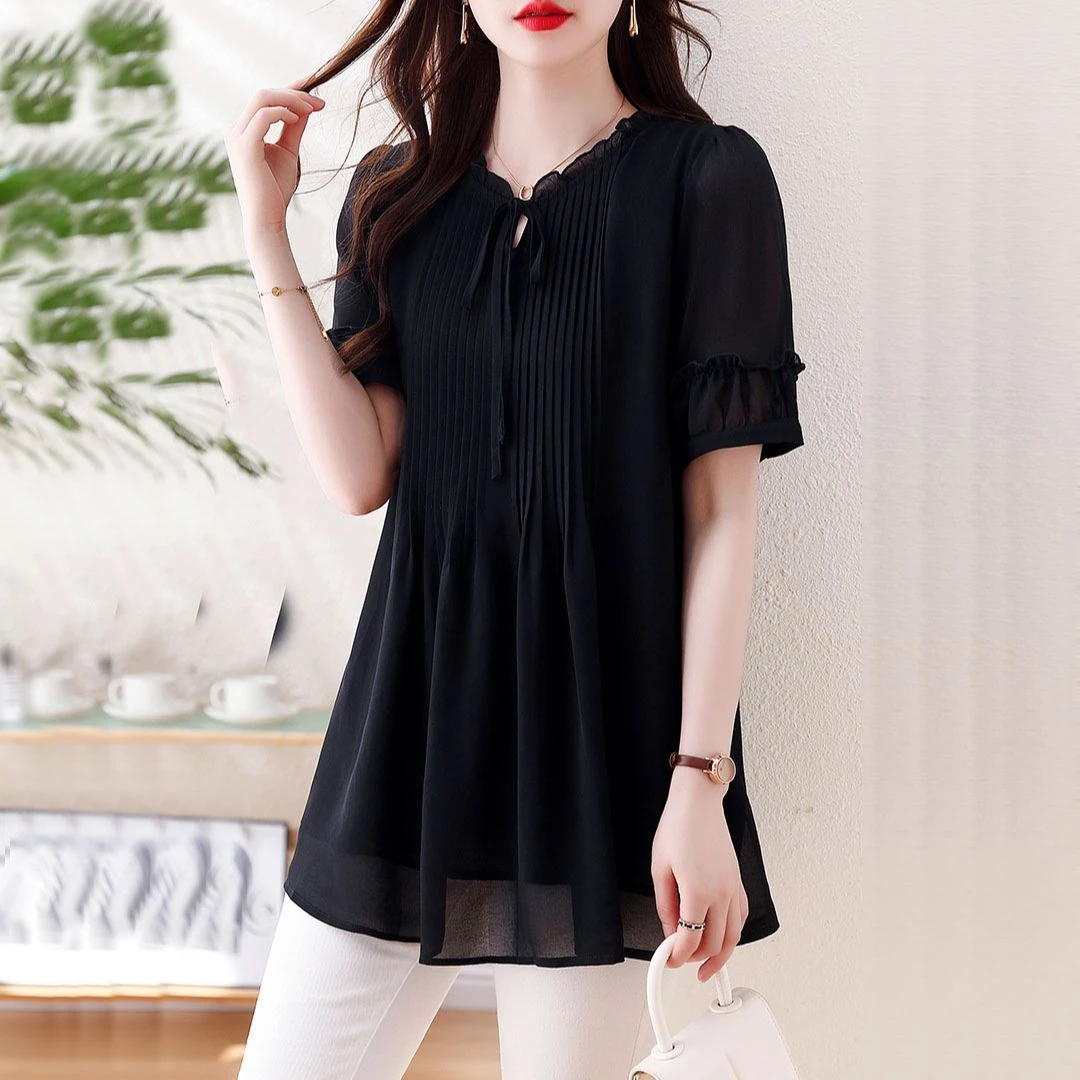 【店铺热销】大码女装中年减龄胖mm200斤夏季新款显瘦遮肚子上衣雪