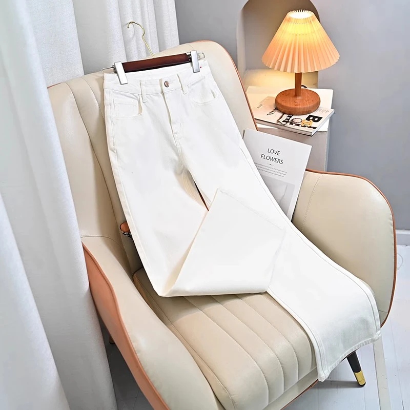2025年秋季新款白色窄版阔腿牛仔裤女小个子高腰显瘦宽松拖地裤子