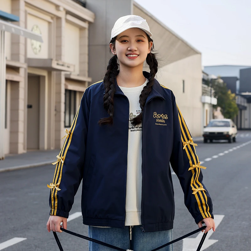 高中生外套春装2025新款少女宽松洋气时髦蝴蝶结初中学生夹克上衣