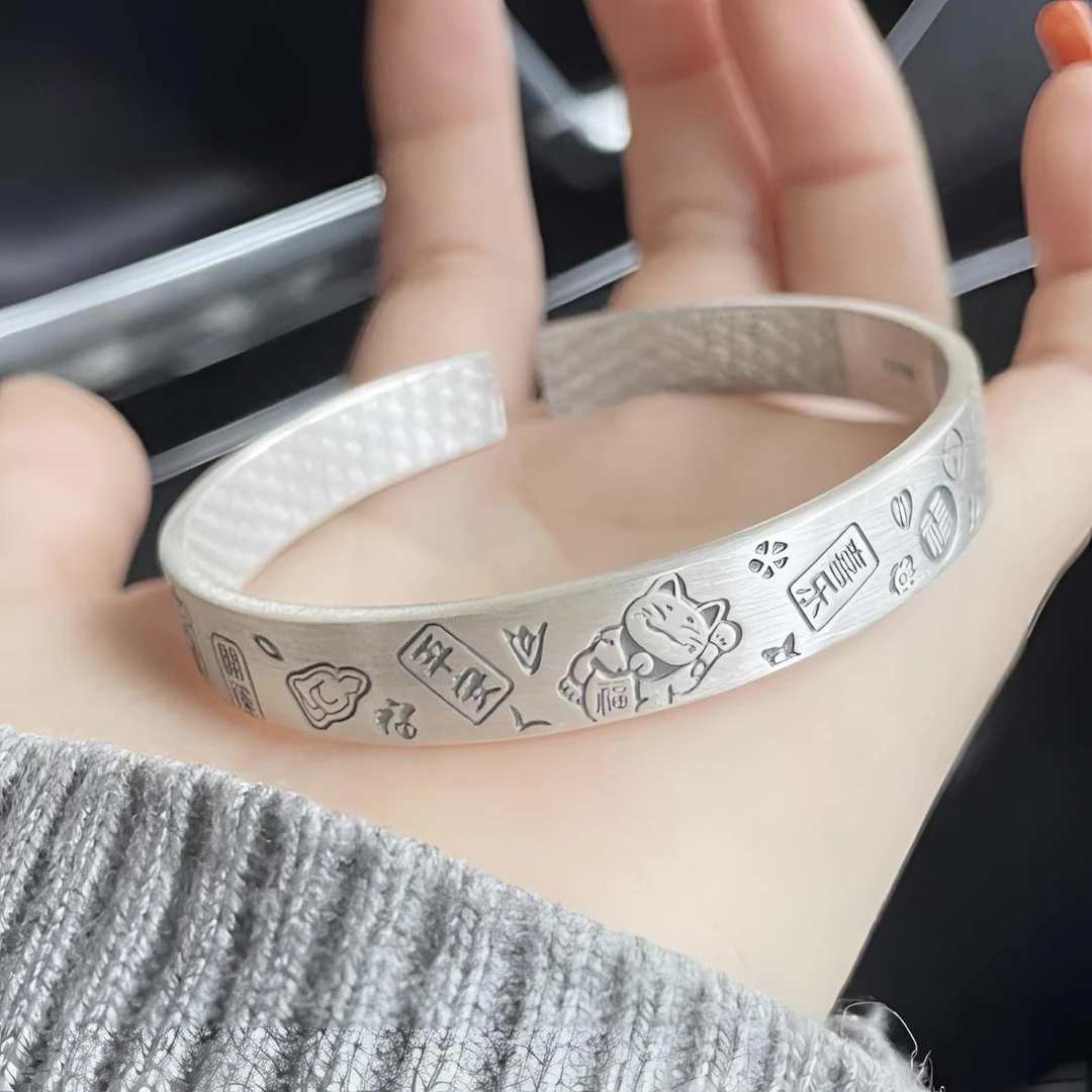 足银手镯 【官方正品】足银999 A28 做旧描黑招财猫吉言手镯38克