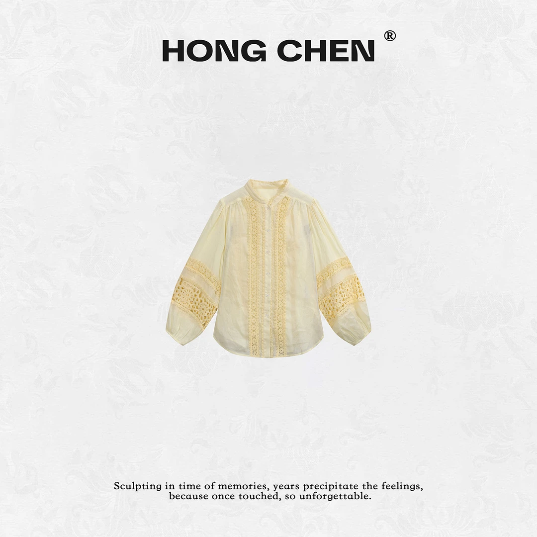 【虹辰】高端时尚镂空勾花好看灯笼袖优雅花边领高级感衬衣--HC2396