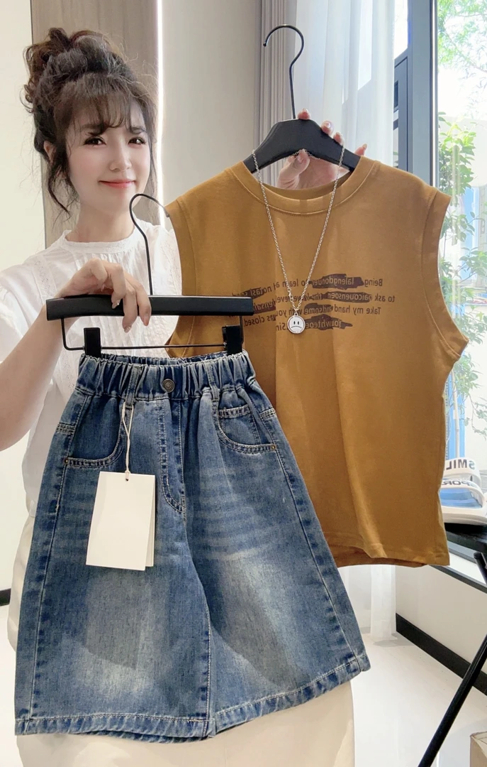 儿童夏季薄款牛仔短裤针织背心套装中大童港风无袖宽松百搭休闲
