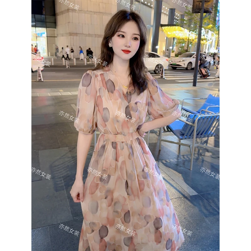 浪漫粉色泡泡花连衣裙女V领气质显瘦高级感温柔风短袖中长裙女