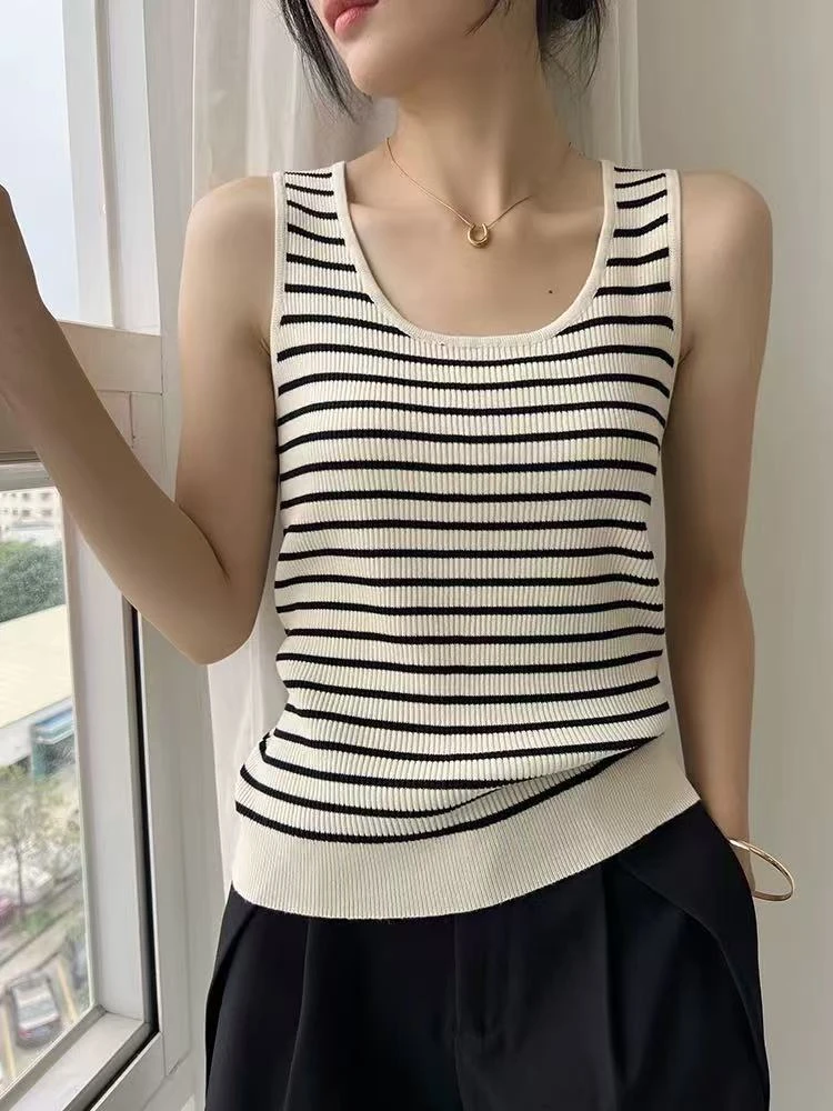 22072春装新款内搭打底修身小个子条纹针织背心女