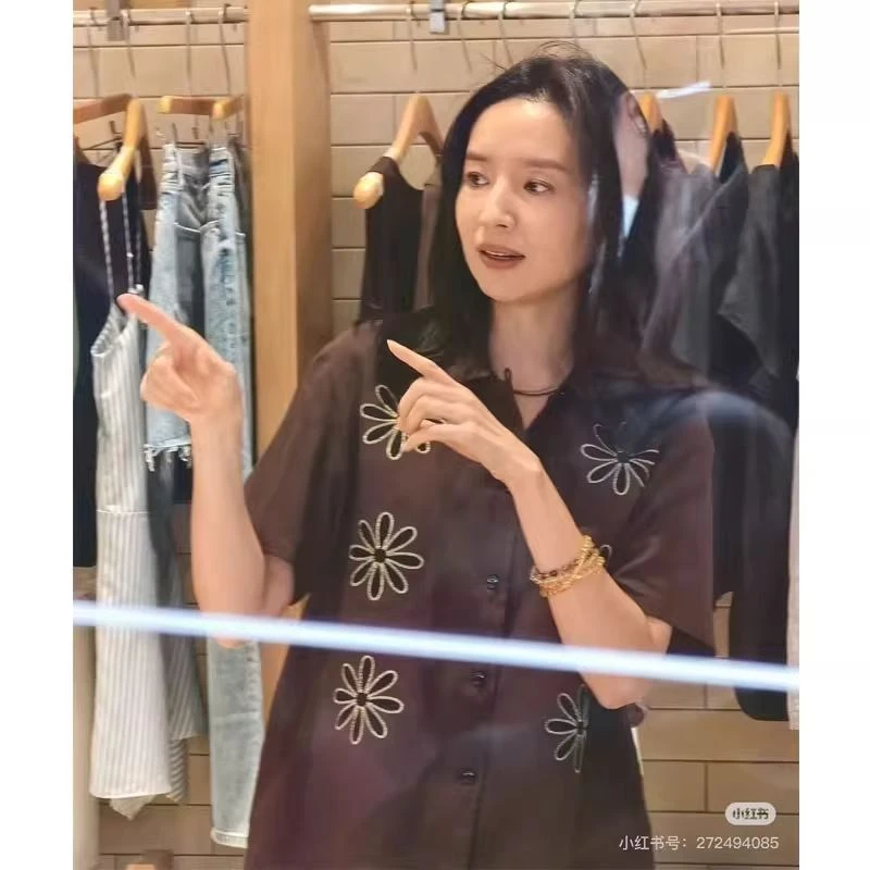 【明星服装】董洁同款棕色刺绣衬衫女2025新款名族文艺气质宽松小个