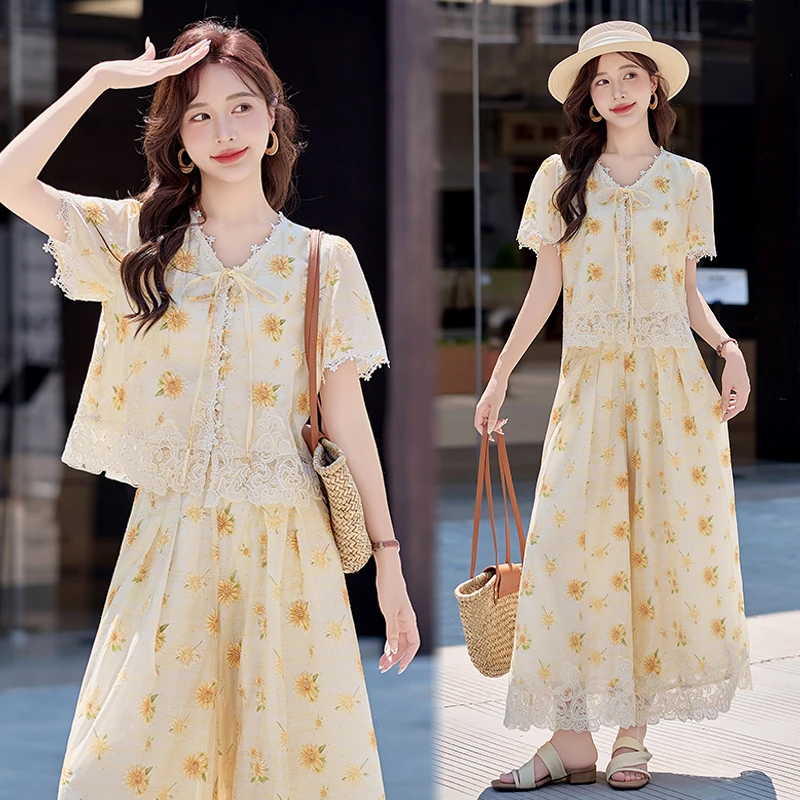 2025超火夏装一整套女巨好看刺绣小香风蕾丝拼接上衣阔腿裤两件套