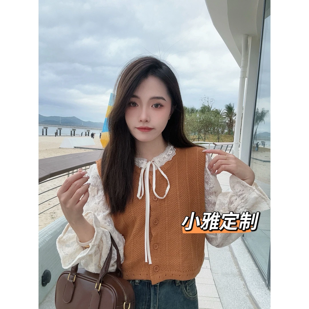 【小雅家】春季新款韩系甜美系带蕾丝领衬衫+针织衫马甲背心两件套