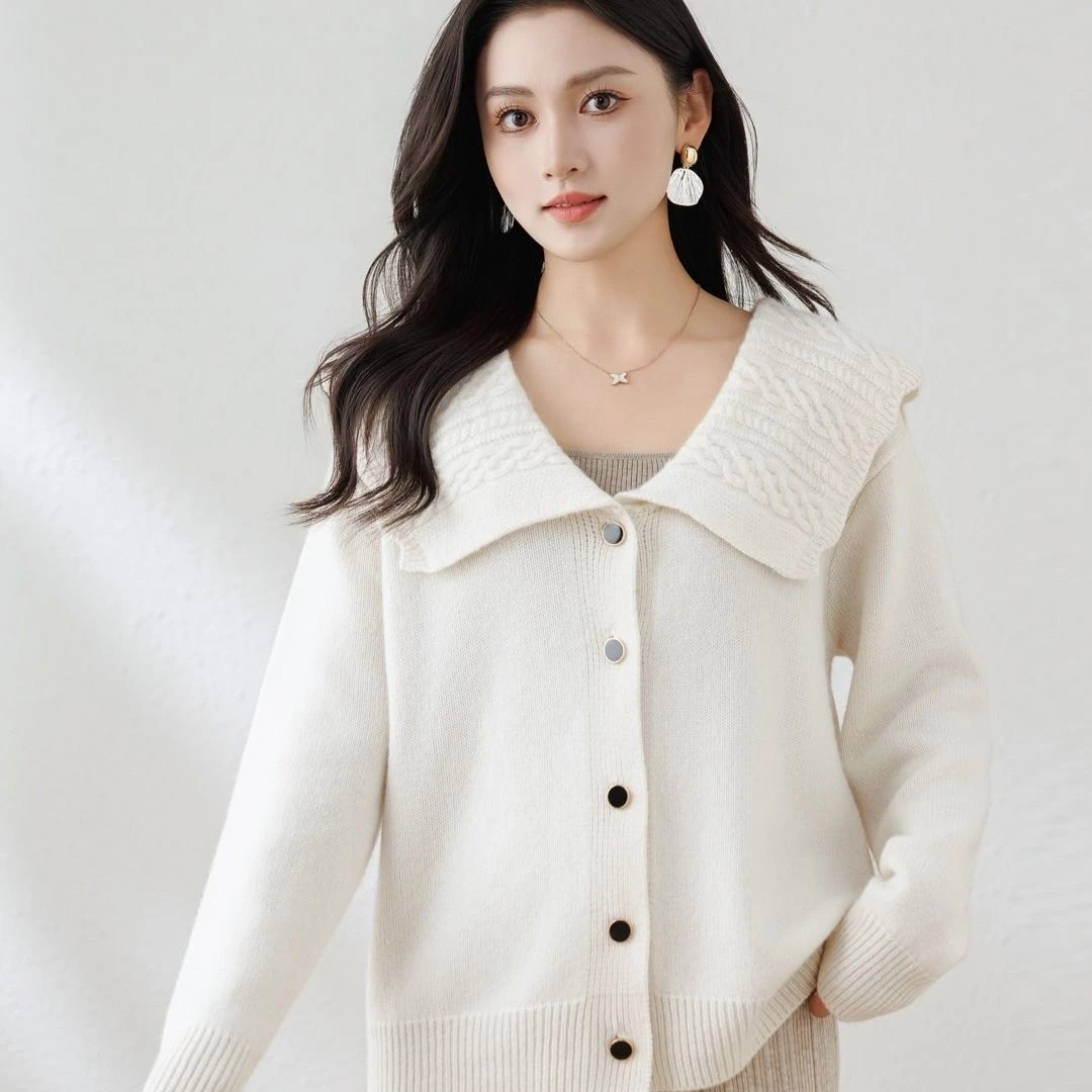 【100% 纯山羊绒】秋冬大翻领单排扣针织开衫女羊绒外套 BC2107051