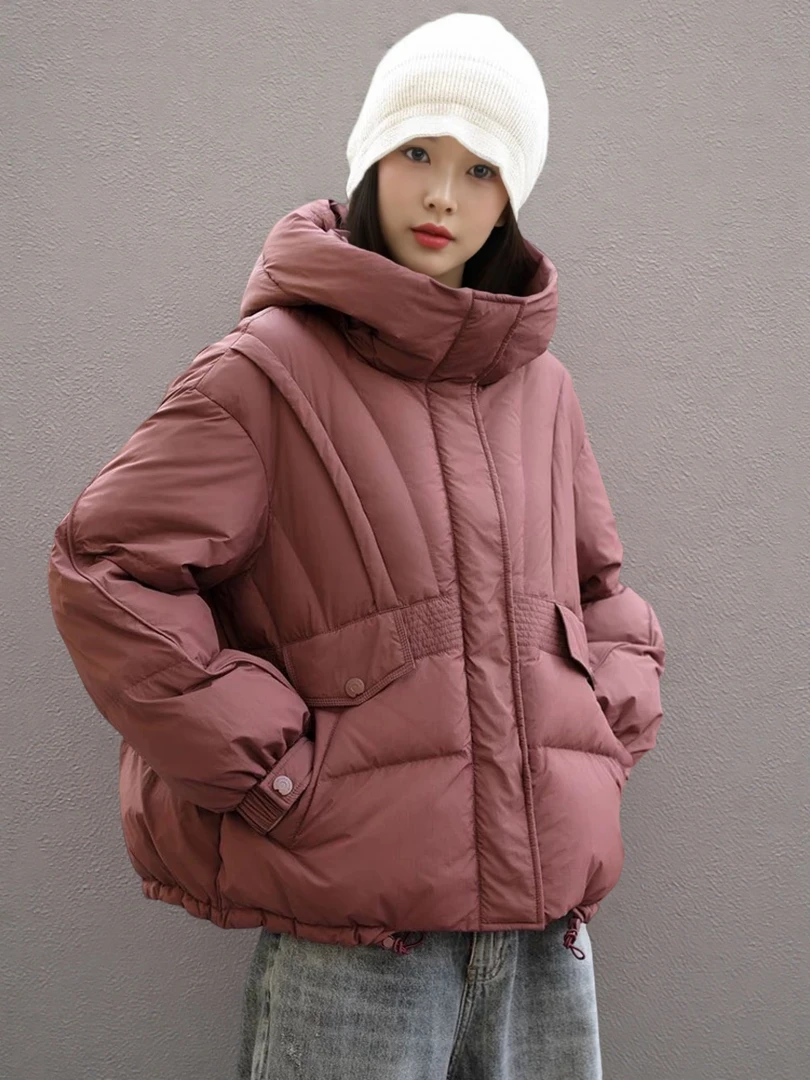 90鸭绒羽绒服外套纯色短款女长袖冬季常规款女装连帽时尚保暖